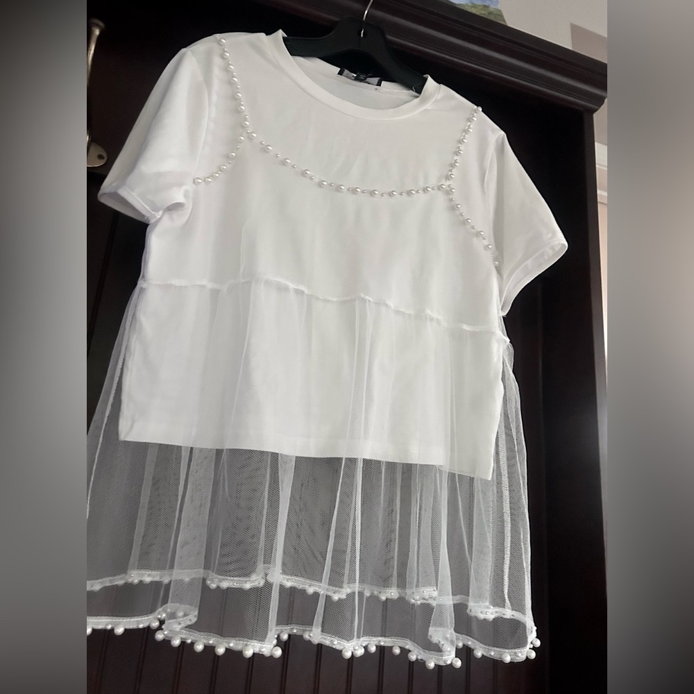 ON 12TH Empire Waist Pearl Beaded Sheer Mesh Overlay Peplum Tee Top T-Shirt Sz M - Picture 5 of 10